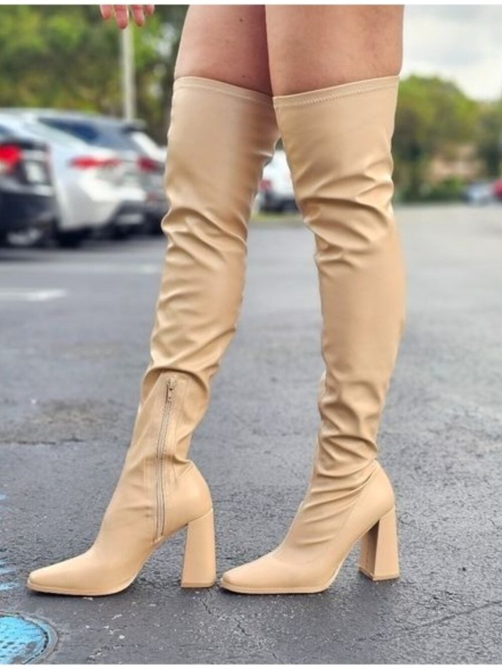Women's Thigh High Over the Knee Boots Chunky Heel Nude Color